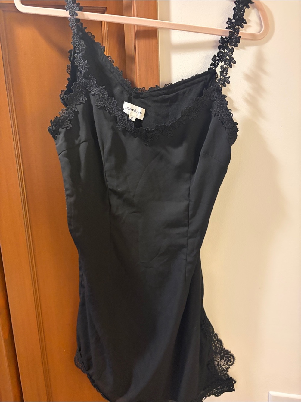 superdown Black Lace-Trim Slip Mini Dress